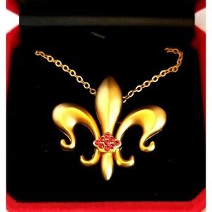 JCB Boisset “Fleur-De-Lys ” Rhinestone Goldtone Necklace/Brooch 22"